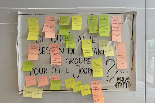 Paperboard de lancement de séminaire couvert de post-it sur les attentes de chacun